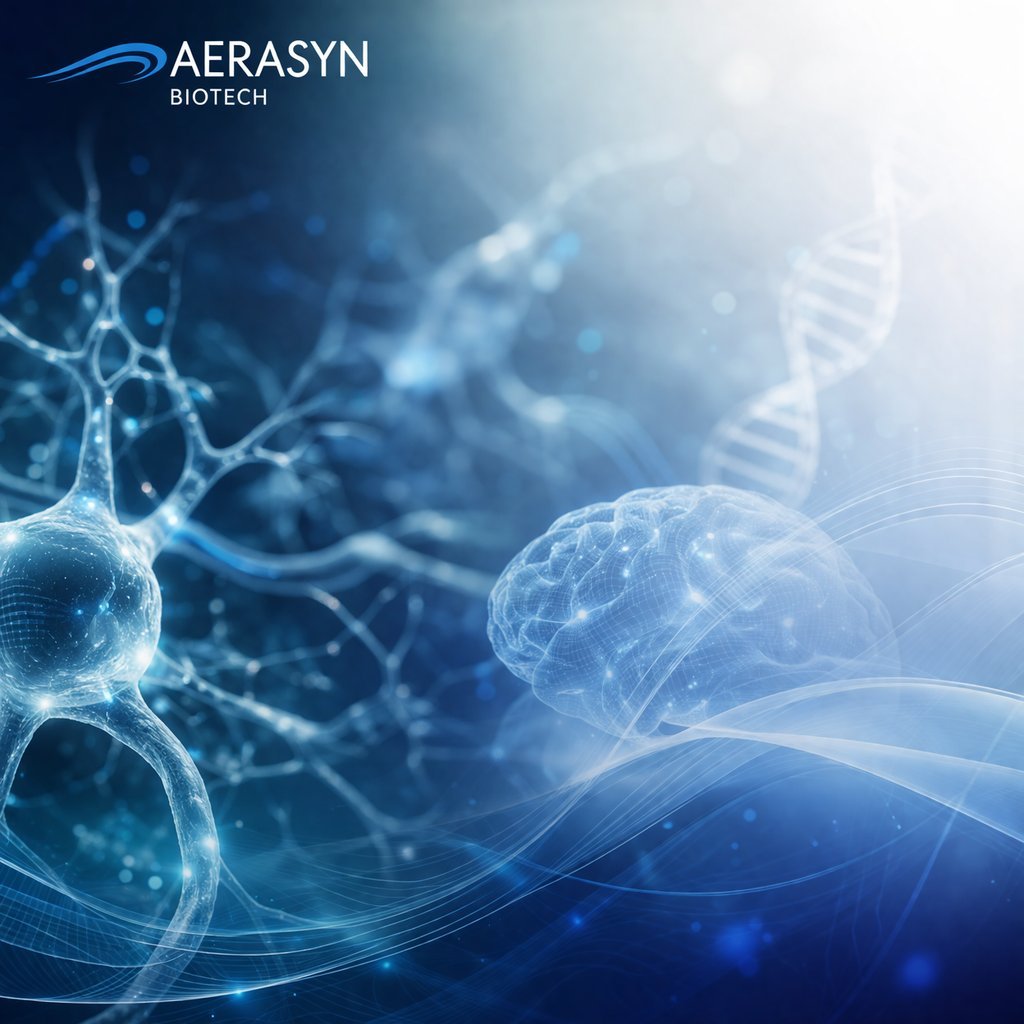 Aerasyn Biotech logo with abstract blue molecular and DNA strand visualization on scientific background