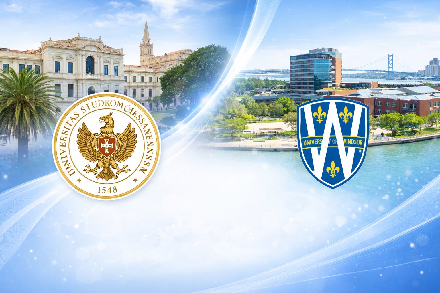 Two institutional seals with historic building and waterfront cityscape featuring bridges and modern architecture