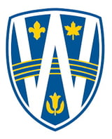 Shield-shaped crest with blue and white design featuring gold fleur-de-lis symbols