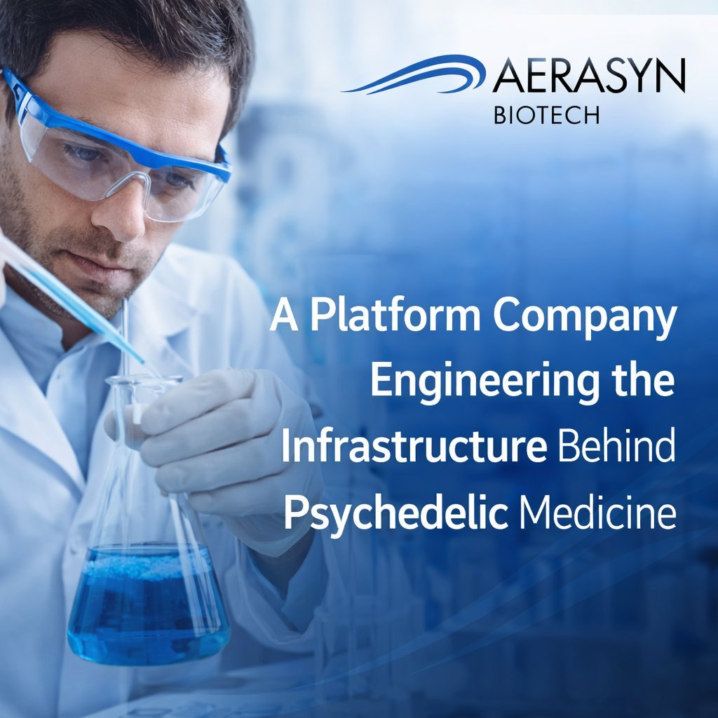 Scientist in lab coat and protective goggles holding flask of blue liquid with Aerasyn Biotech logo and text about engineering psychedelic medicine infrastructure